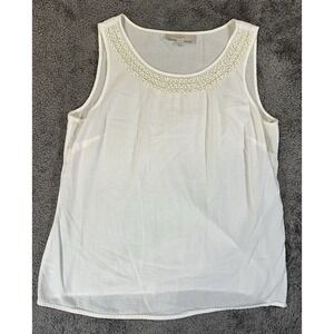 Loft Tank Top Womens Medium White Beaded Trim Casual Knit Lightweight Blouse